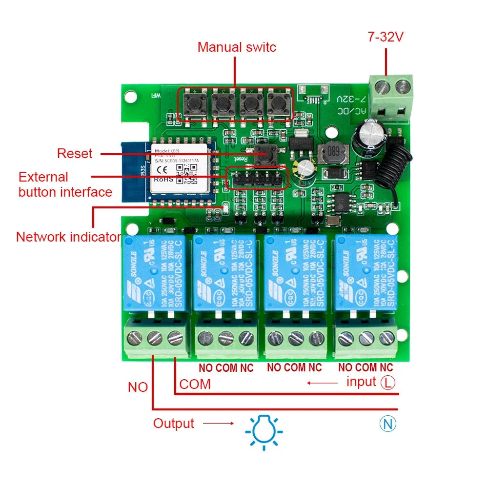 Tuya / Ewelink 4CH WiFi / Zigbee Smart Relay Switch Module 4 Channel AC DC 7-32V 85-250V RF433 Receiver for Alexa Google Home