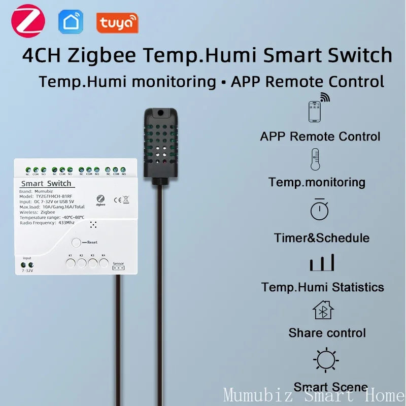 Tuya Zigbee 4 Gang Smart Switch with Temperature or Humidity Sensor Passive Dry Contact 32V 250V Switch Relay Alexa Compatible