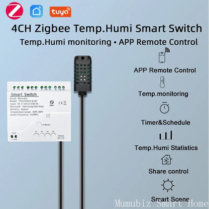 Tuya Zigbee 4 Gang Smart Switch with Temperature or Humidity Sensor Passive Dry Contact 32V 250V Switch Relay Alexa Compatible