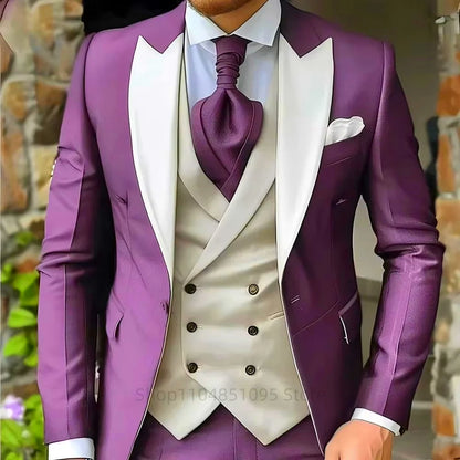 Elegant Peak Lapel Jacket Groom Tuxedo 3 Pieces Blue Men's Suits Blazer Vest and Pants Set Formal Men's Suit for Business