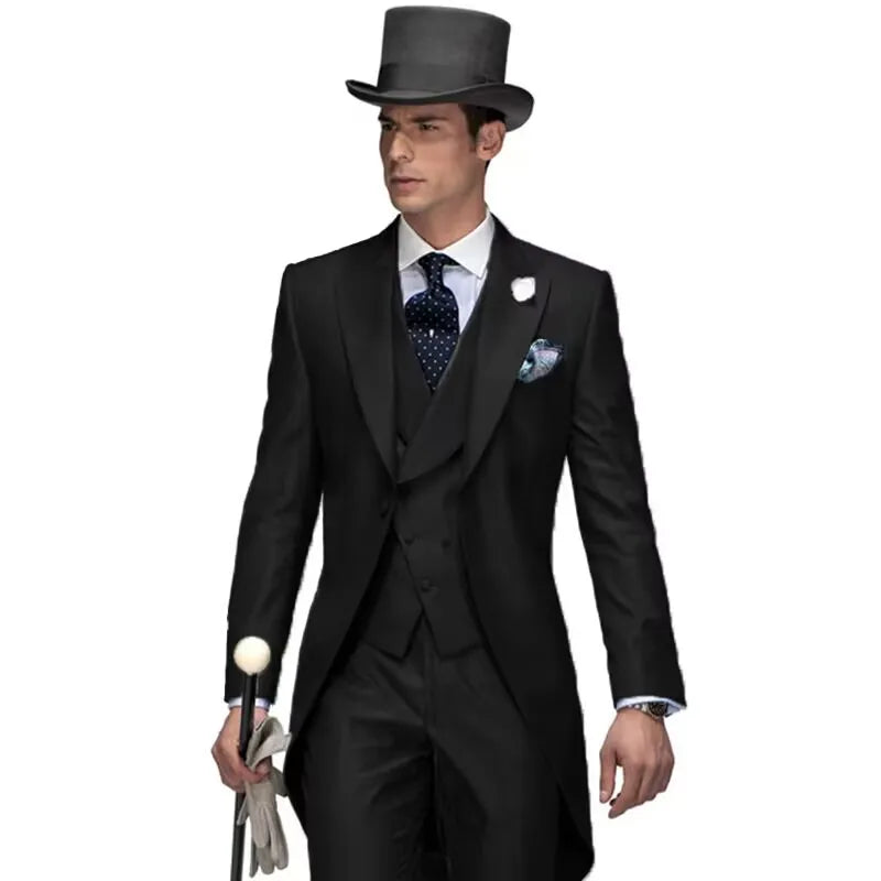 3 Piece Solid Men Suit Wedding Groom Tuxedo Long Blazer Best Man Formal Prom Male Suit Fashion Costume Homme (Jacket+Vest+Pants)