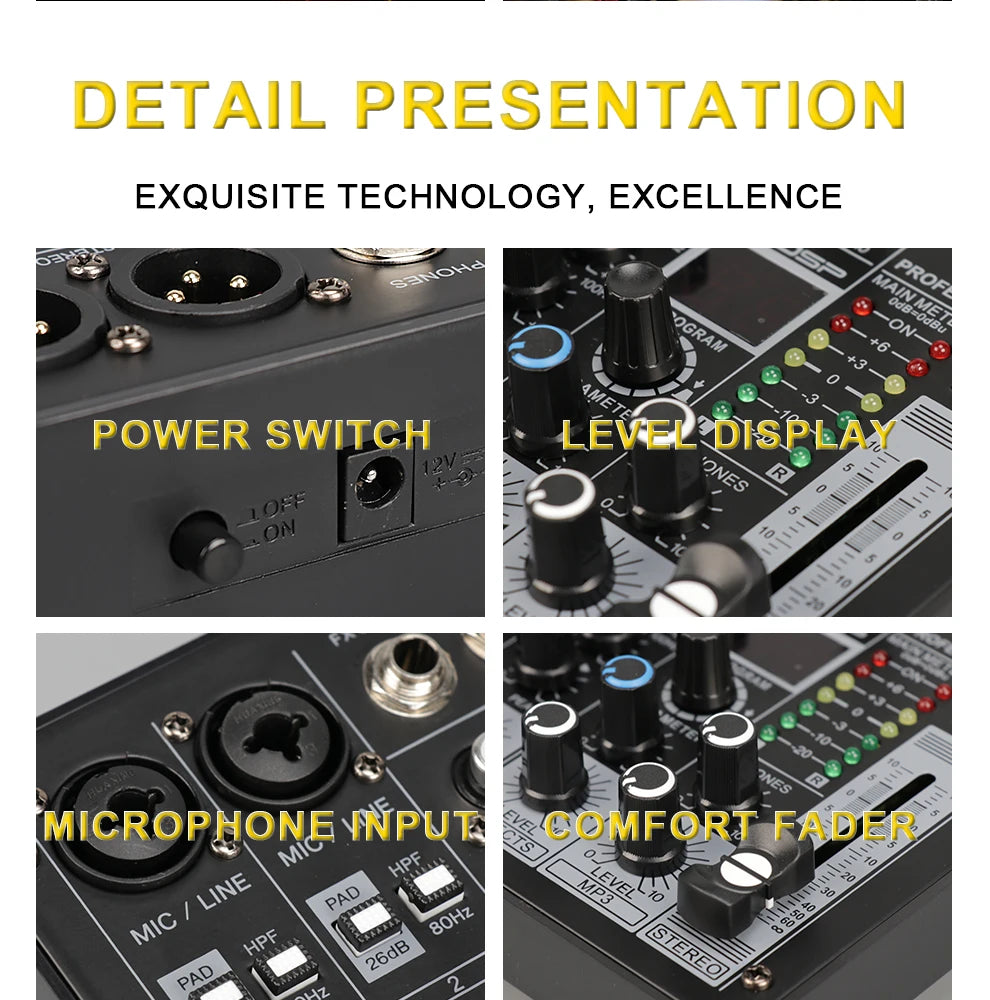 TKL 4 Channel 99 DSP Audio Mixer 48V Phantom Power USB Studio Sound Mixers Bluetooth DJ Console Mixing for Karaok
