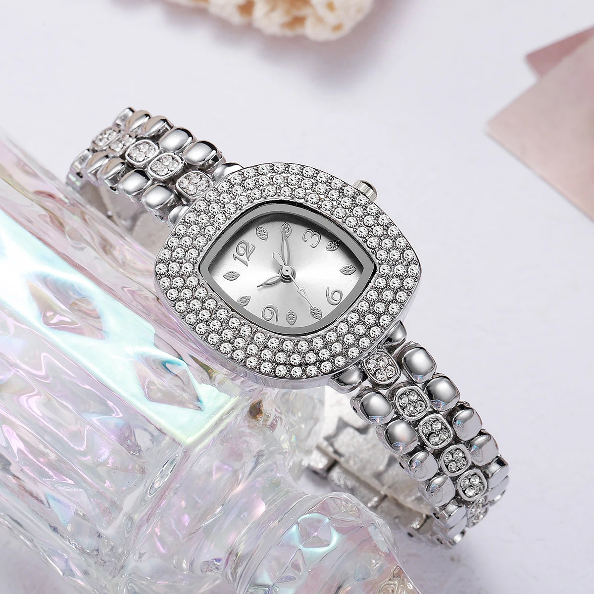 Luxury Silver Rhinestone Watch & Jewelry Set - Square Crystal-Encrusted Dial Watch, Rose & Heart Charm Bracelets, Elegant Access