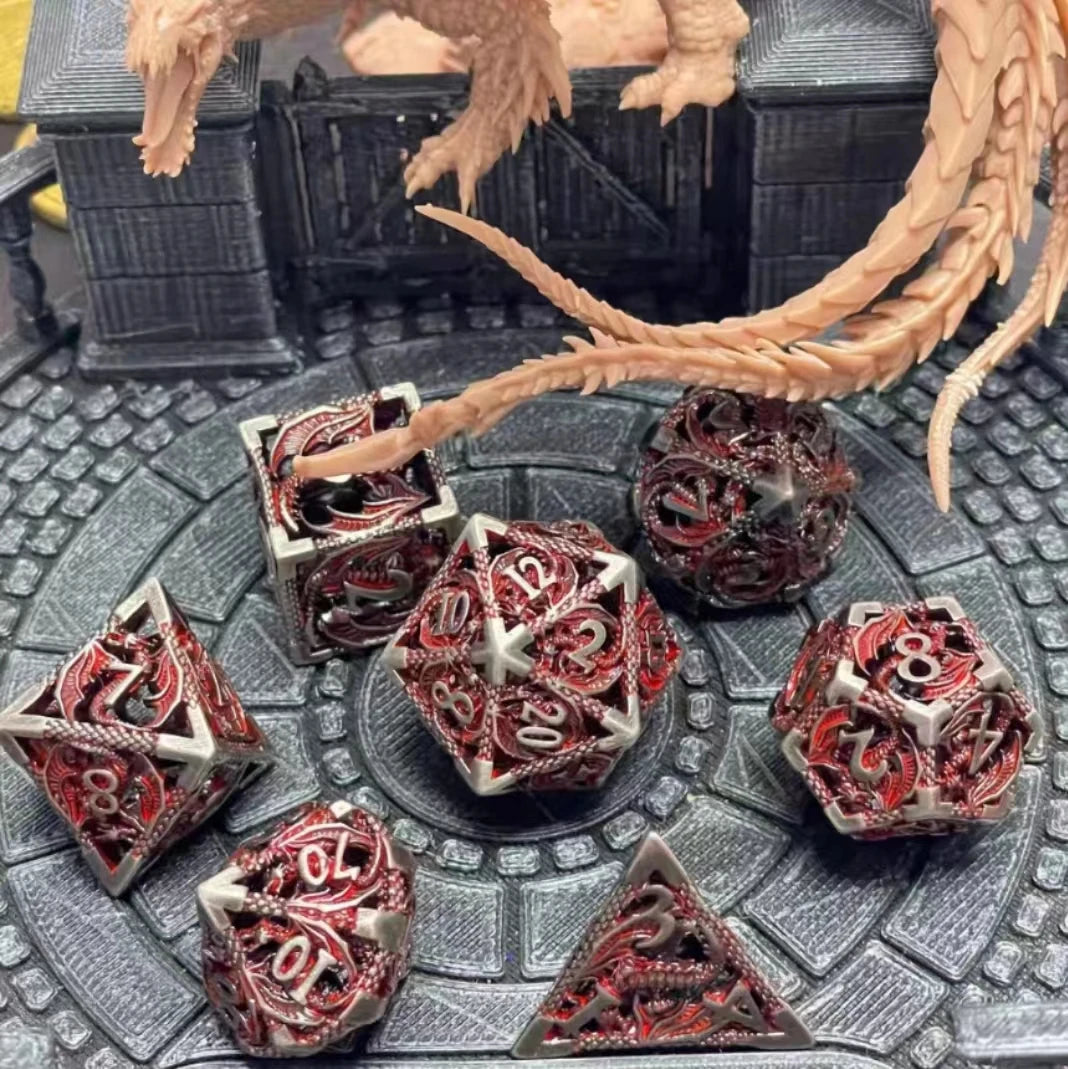 7 Pcs Cosplay D4-D20 DND Brass Gold Polyhedral Sharp Edge Casino Dice Rpg Table Board Game Tray Gem Stone Dragon Metal Steel Set