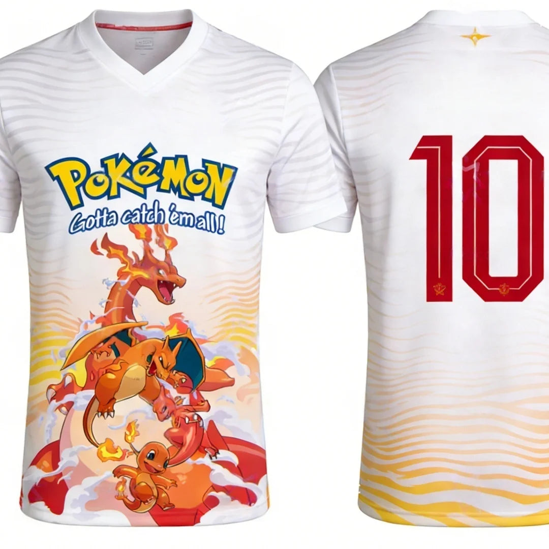 Summer 2026 Pokemon "Fire Evolution Chain" No. 10 Football Sports Theme 3D Printed Breathable T-shirt Adult Parent-child Top