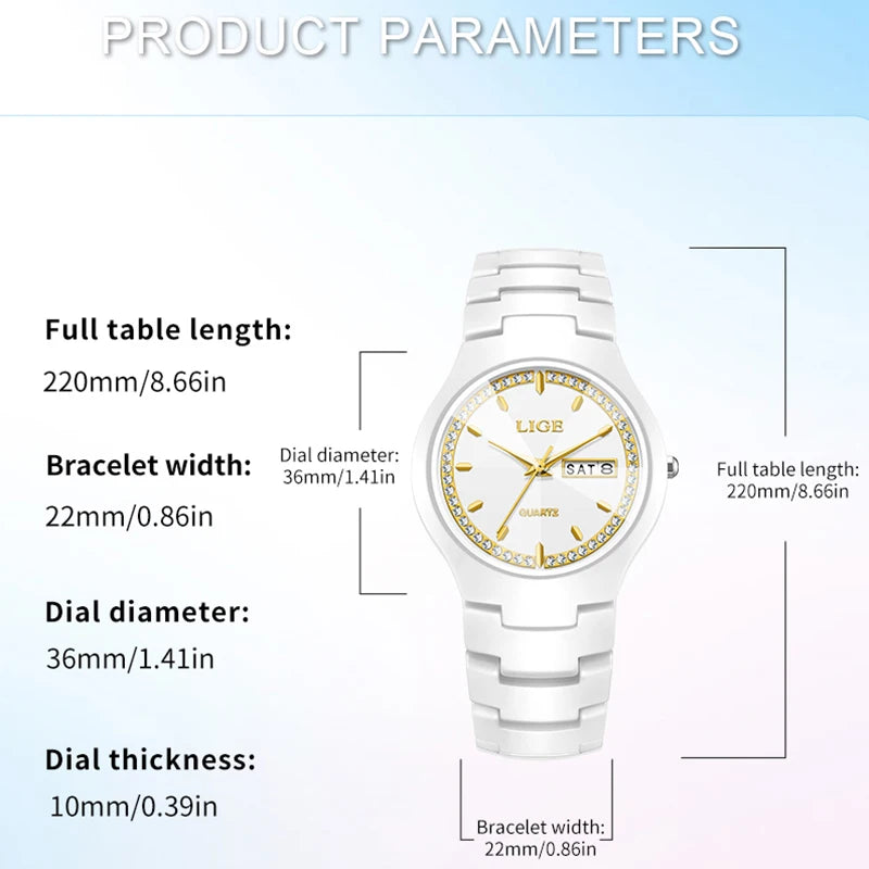 LIGE Women's wristwatch elegant women's watch ceramic quartz waterproof clock week calendar fashion Watch for Women reloj mujer