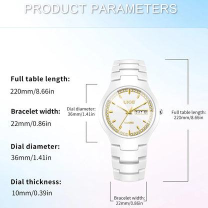 LIGE Women's wristwatch elegant women's watch ceramic quartz waterproof clock week calendar fashion Watch for Women reloj mujer