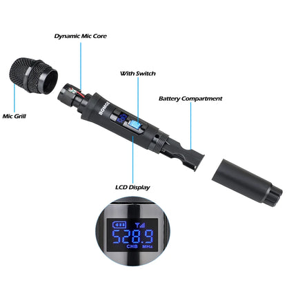 BOMGE 4 channel wireless microphone System Cordless Mic Set With Four Handheld Mics Fixed Frequency, Long Range 200ft