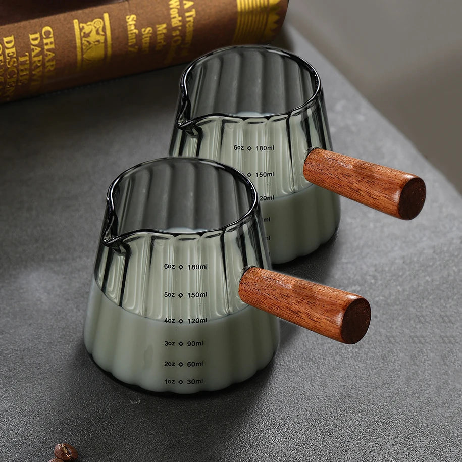180ML Wood Handle Glass Espresso Measuring Cup Coffee Extraction Cup with scale High Temperature Resistance Milk Jug Measure Mug
