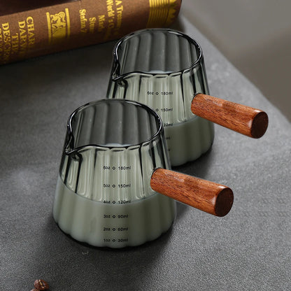 180ML Wood Handle Glass Espresso Measuring Cup Coffee Extraction Cup with scale High Temperature Resistance Milk Jug Measure Mug