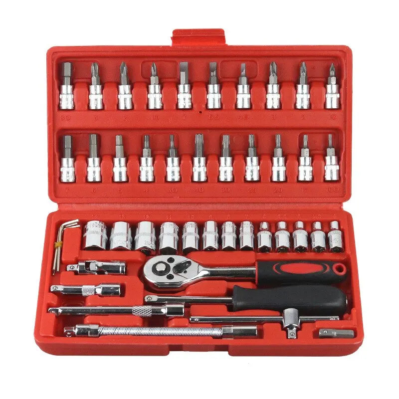 46pcs Drive Ratchet Torque Wrench Combo Auto Repairing Set Mechanic Tool Car Repair Tool Kit 1/4-Inch Socket Set Car Repair Tool