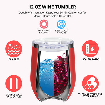 Stainless Steel Wine Tumblers, 12Oz Insulated Wine Tumbler, Stainless Steel Stemless Wine Cups with Lids for Coffee, Wine
