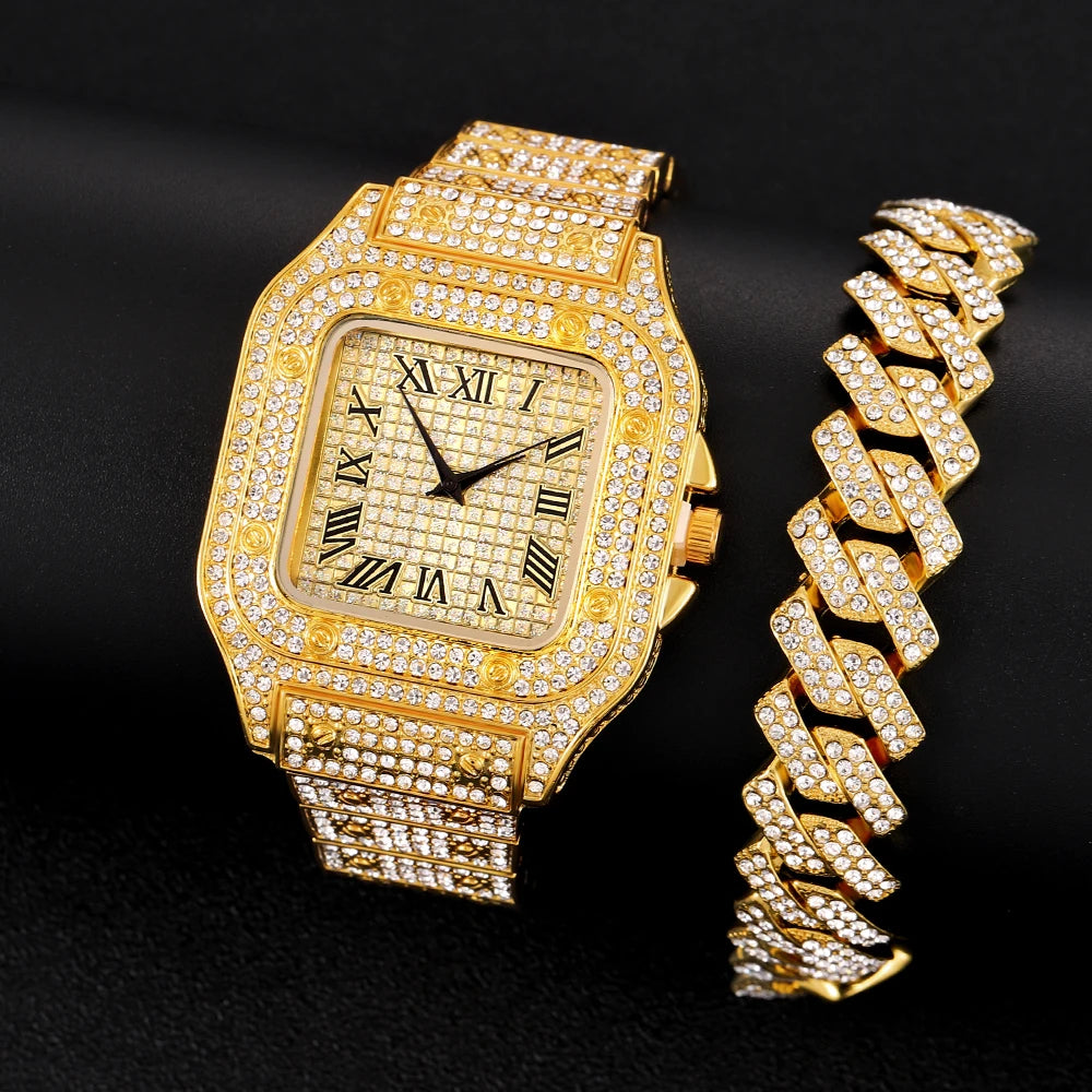 2024 Full Iced Out Watch Mens Cuban Link Chain Bracelet watch Bling Jewelry for Men Big Gold Chains Hip Hop Men Watch Set