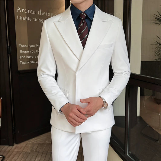 2024 Slim Fit Solid Color Suit Set British Style Fashion Handsome Light Luxury Two-Piece Ensemble