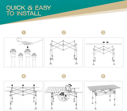 Height Adjustable Camping Table Tall Large Outdoor Folding Camping Table With Wide Base Anti-Sink Legs&Carry Bag For BBQ Beach