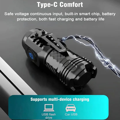 High Strong Power LED Flashlight Built-in Battery Type-C Rechargeable with Pen Clip Torch Outdoor Camping Emergency Lantern