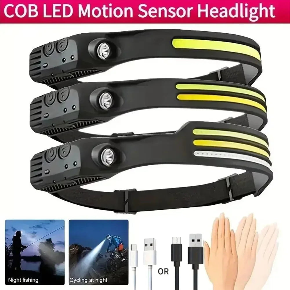 COB LED Headlamp Induction Head Lamp Built-in Battery USB Rechargeable Head Flashlight Outdoor Camping Fishing Sensor Headlight