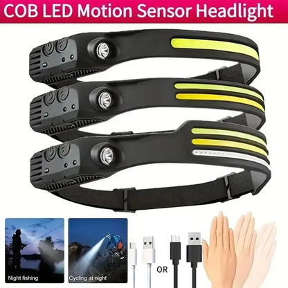 COB LED Headlamp Induction Head Lamp Built-in Battery USB Rechargeable Head Flashlight Outdoor Camping Fishing Sensor Headlight
