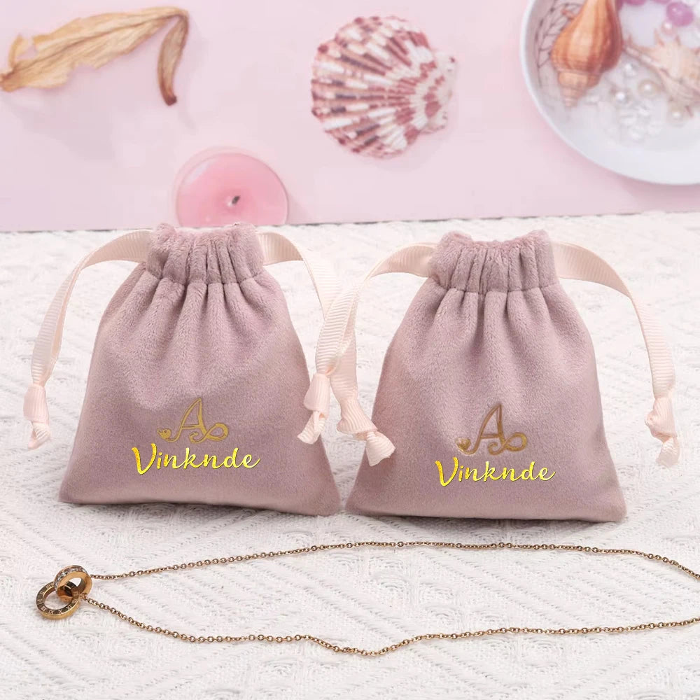 100pcs Custom Logo Jewelery Velvet Drawstring Bag Soft Champagne Velvet Suede Pouches Packaging for Wedding Party Gift Organizer