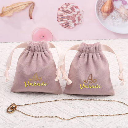 100pcs Custom Logo Jewelery Velvet Drawstring Bag Soft Champagne Velvet Suede Pouches Packaging for Wedding Party Gift Organizer