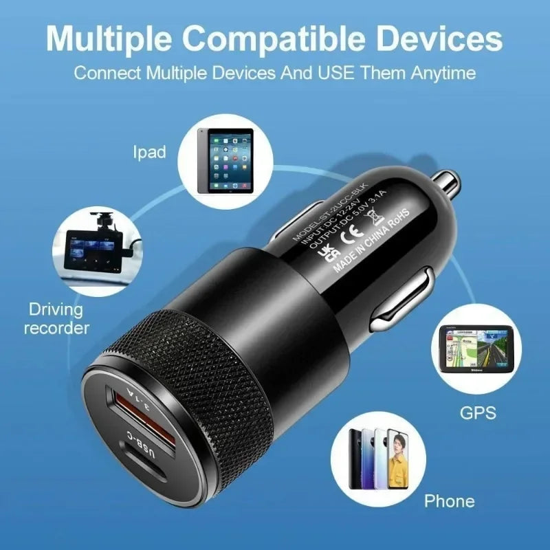 USB Quick Car Charger 12W 3.1A Type C PD Fast Charging Phone Car Adapter for Universal Phone
