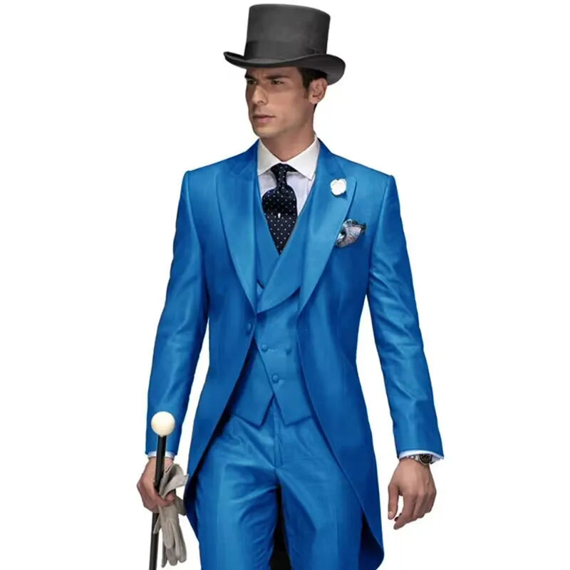 3 Piece Solid Men Suit Wedding Groom Tuxedo Long Blazer Best Man Formal Prom Male Suit Fashion Costume Homme (Jacket+Vest+Pants)