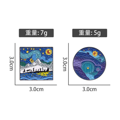 Blue Night Sky Oil Painting Enamel Pins Creative Cartoon Landscape Brooch Lapel Badges Animal Jewelry Gift for Friends