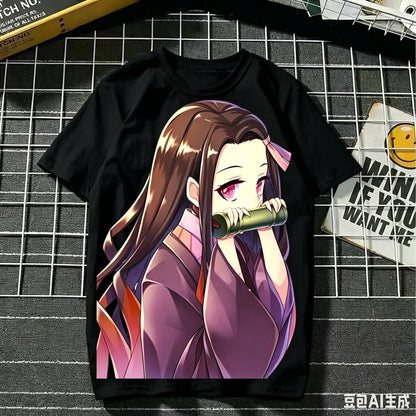 2026 Summer Demon Slayer Nezuko Cherry Blossom Butterfly Print Cotton T-Shirt Adult Kids Casual Loose Breathable Anime Tops Y2k