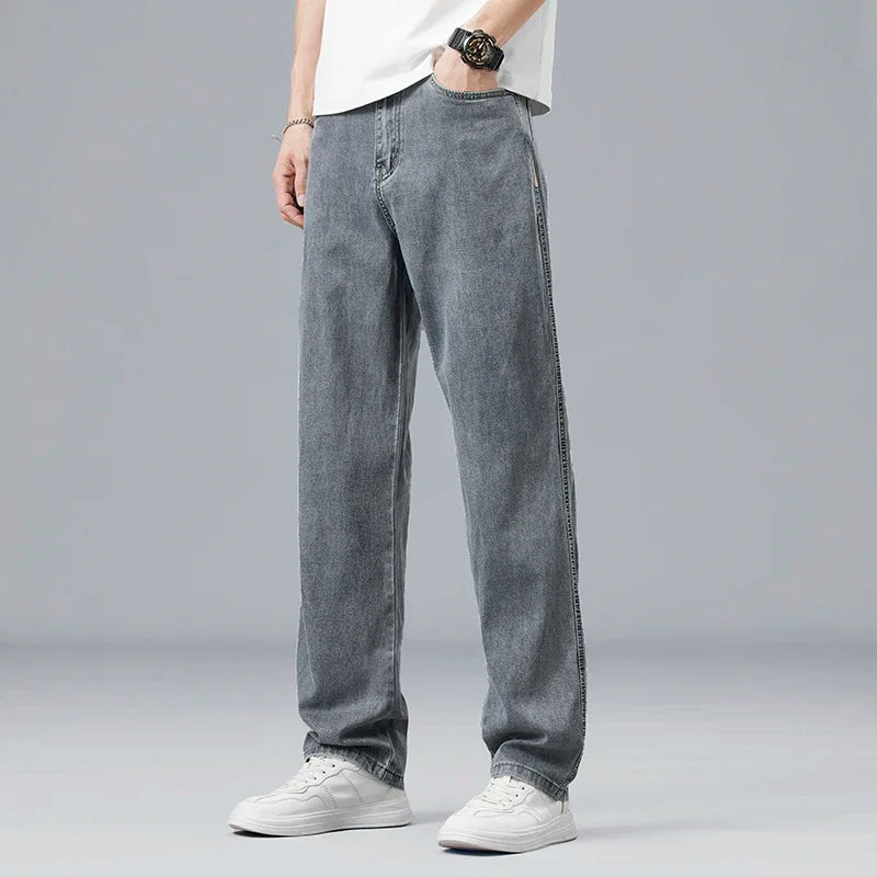 Lyocell Ultra-thin Summer Men's Jeans Elastic Ice Silk Drape Soft Loose Pants Straight Casual Denim Male Clothing Trousers