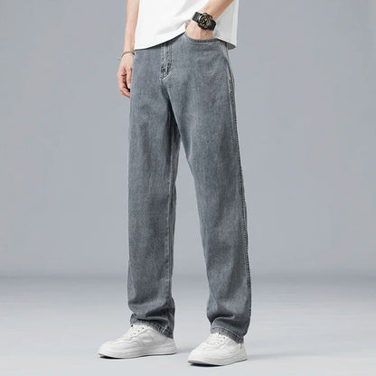 Lyocell Ultra-thin Summer Men's Jeans Elastic Ice Silk Drape Soft Loose Pants Straight Casual Denim Male Clothing Trousers
