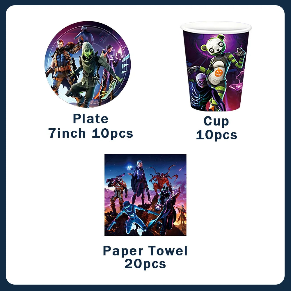 Fortnite Theme Birthday Party Decorations Shooting Game Balloon Cup Plate Tablecloth Banner Baby Shower Kid Favors Supplies Gift