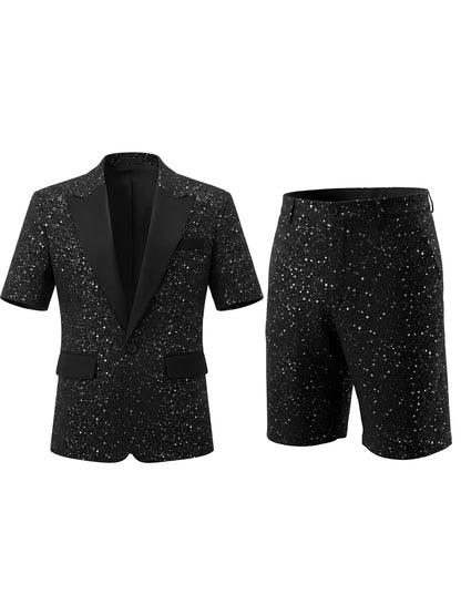 KIDWHXR Man Summer 2-piece Outfit Patchwork Short Sleeve Blazer Male Straight-leg Shorts Men Sequins Wedding Party Suit Set
