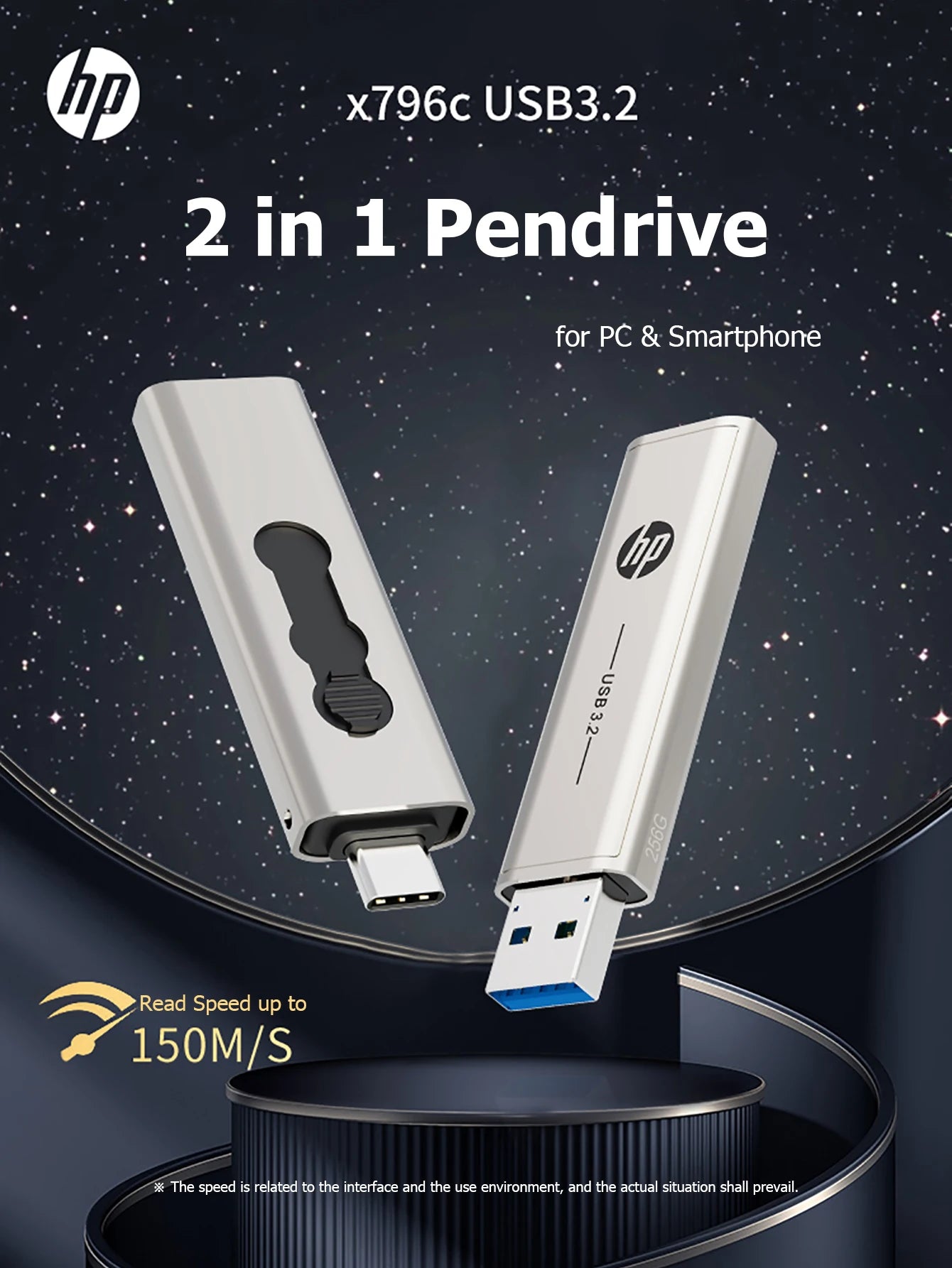 100% Original HP OTG Type C USB3.2 USB Flash Drive Pendrive 256GB 128GB 64GB 2 in 1 U-disk for Laptop PC Media player Cellphone