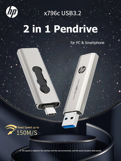 100% Original HP OTG Type C USB3.2 USB Flash Drive Pendrive 256GB 128GB 64GB 2 in 1 U-disk for Laptop PC Media player Cellphone