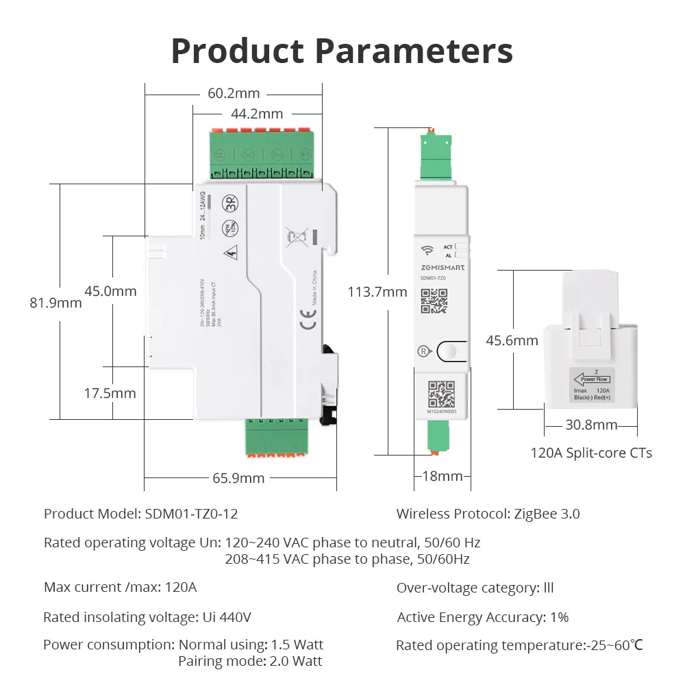Zemismart 120A Zigbee WiFi 3 Phase Energy Meter Smart Din-rail Power Monitor Withdrawable Split-core CTs Works with Tuya App