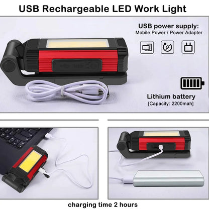USB Rechargeable LED Flashlight with Magnetic COB Work Light Portable Camping Lantern Type-C Power Bank Function Lamp