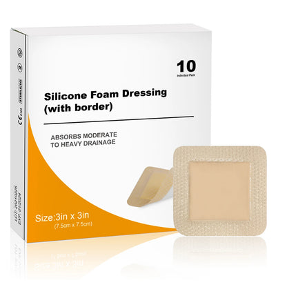 10pcs 3"x3"Silicone Foam Dressing Waterproof and High Absorbency Wound Bandage,Silicone Foam Border Pad for Wound Care
