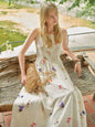 DUSHU French Floral Slip Dress Textured Plant Print Square Neck Midi Dress A-Line Waist Slimming Casual Dress Women Apricot