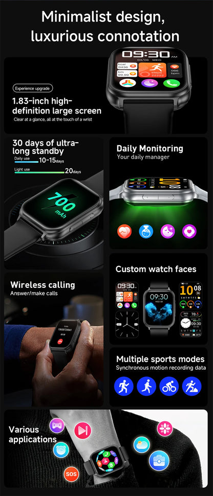 1.83" Smart Watch Sleep Heart Rate Monitor BT Call Messages Notifications Sports Fitness Tracker Watch for Women Men Android iOS