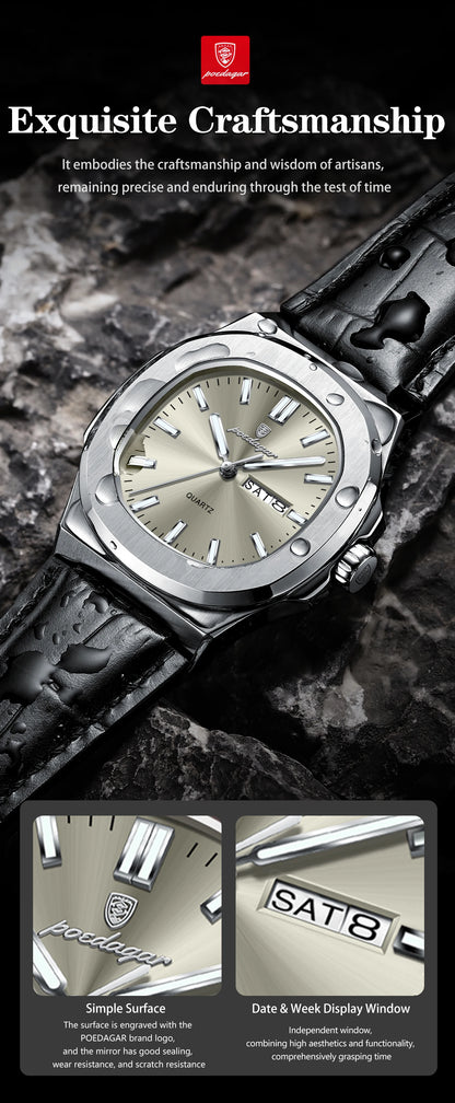 POEDAGAR Fashion Wristwatch For Boyfriend Luminous Waterproof Week Calendar Business Couple Watches Leather Luxury Men's Watches