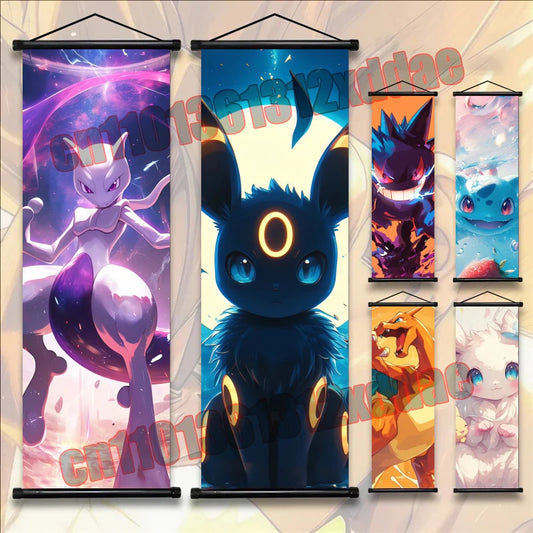 Pokemon Anime, Bulbasaur, Charizard, Eevee, Pikachu, Print Art White Canvas Scroll Painting Modern Room Decor Wall Art Painting