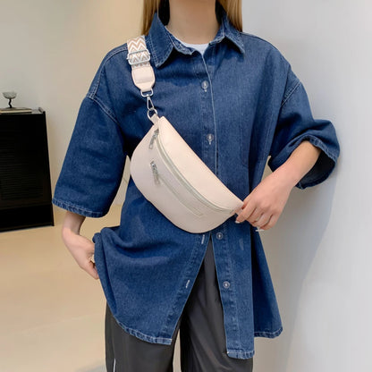 2024 Luxury Designer Women's Chest Bag PU Leather Wide Strap Shoulder Crossbody Bag Female Fashion Fanny Pack Banana Waist Bag
