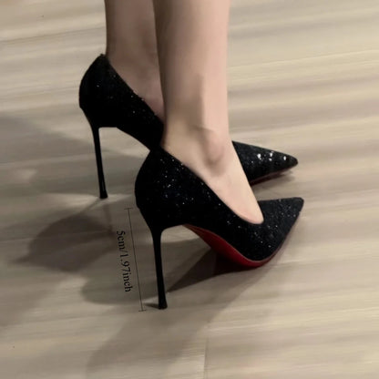 New Sequins Pointed-toe Women's High Heels Black Versatile Temperament Stiletto Singles Fashionable and Comfortable Shoes