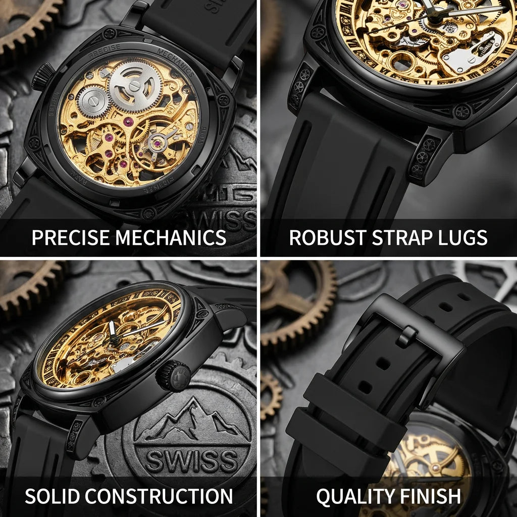 1pcs Men's gold dial silicone strap vintage fashion skeleton gear luxury details Mechanical Watch for daily business party holid