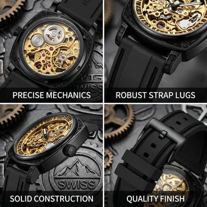 1pcs Men's gold dial silicone strap vintage fashion skeleton gear luxury details Mechanical Watch for daily business party holid