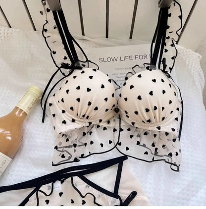 BANERDANNI Simple Light Luxury Love Printed Lace Underwear Set Women's Small Breasts Gather Sexy Pure Desire Sweet Bra Cute Bra