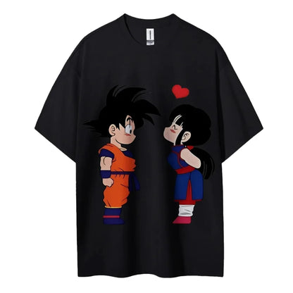 2026 Summer Dragon Ball Goku & Chichi Cute Couple Print Oversized Crew Neck T-Shirt 100% Cotton Casual Tops for Men Women Kids