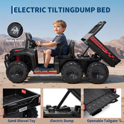 24V 4WD All-Terrain Kids Ride On Dump Truck Parental Remote Control 3 Speeds 2-Seater Off-Road Toy Car For Boys Girls