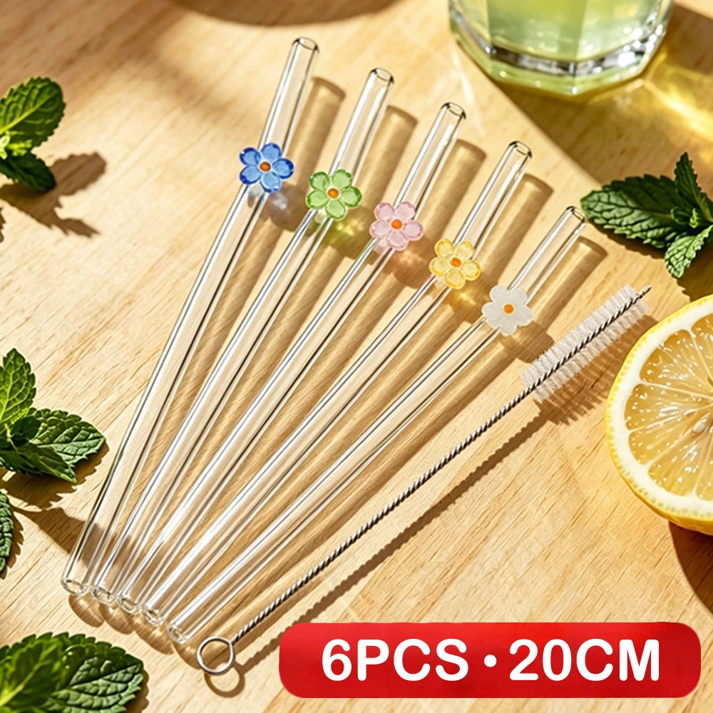 6PCS Reusable Drinking Straws Cute Flower Glass Straws with Cleaning Brush for Coffee Lover Smoothies Frozen Drinks Tea Juice
