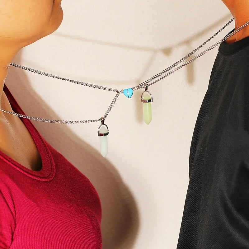 2Pcs/Set Luminous Hexagonal Column Heart Pendant Couple Magnetic Necklace Natural Stone Geometric Pendant Necklace Jewelry Gifts